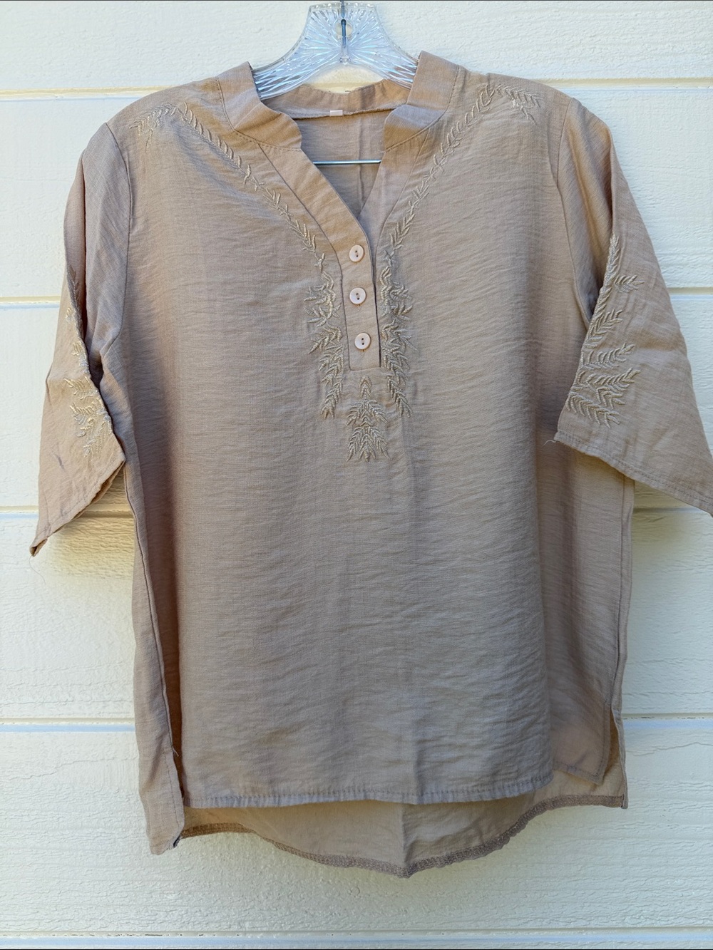 Neutral Beige Embroidered V-Neck Tunic Top